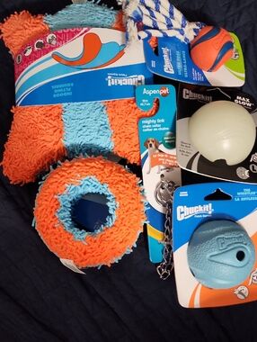Orange & Light Blue Plush and Ball Dog Toy Bundle
